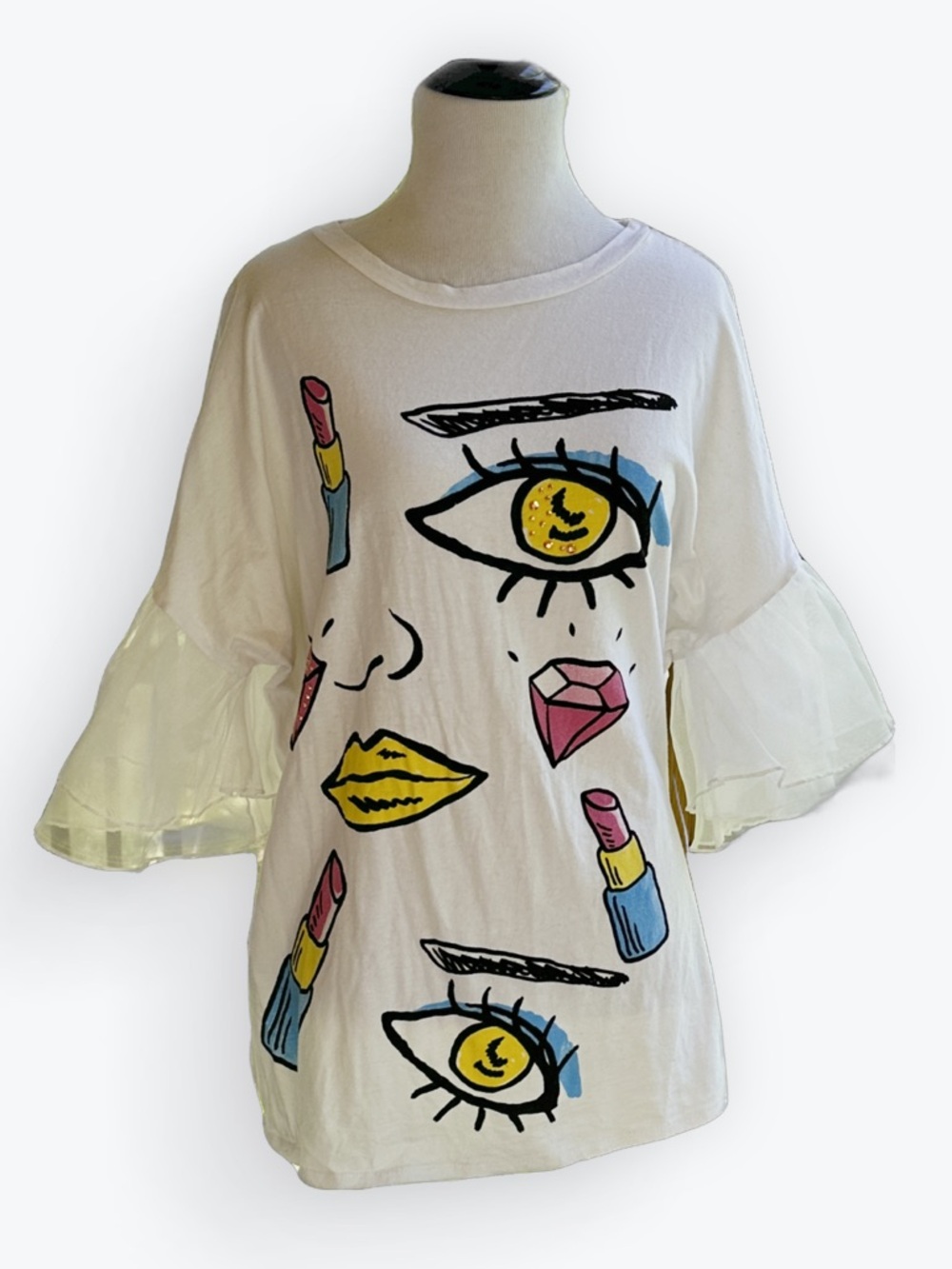 80s Avant-Garde Pop Art Face Print Top Ruffle Sleeves Lipstick Gemstone Eyes ~2X